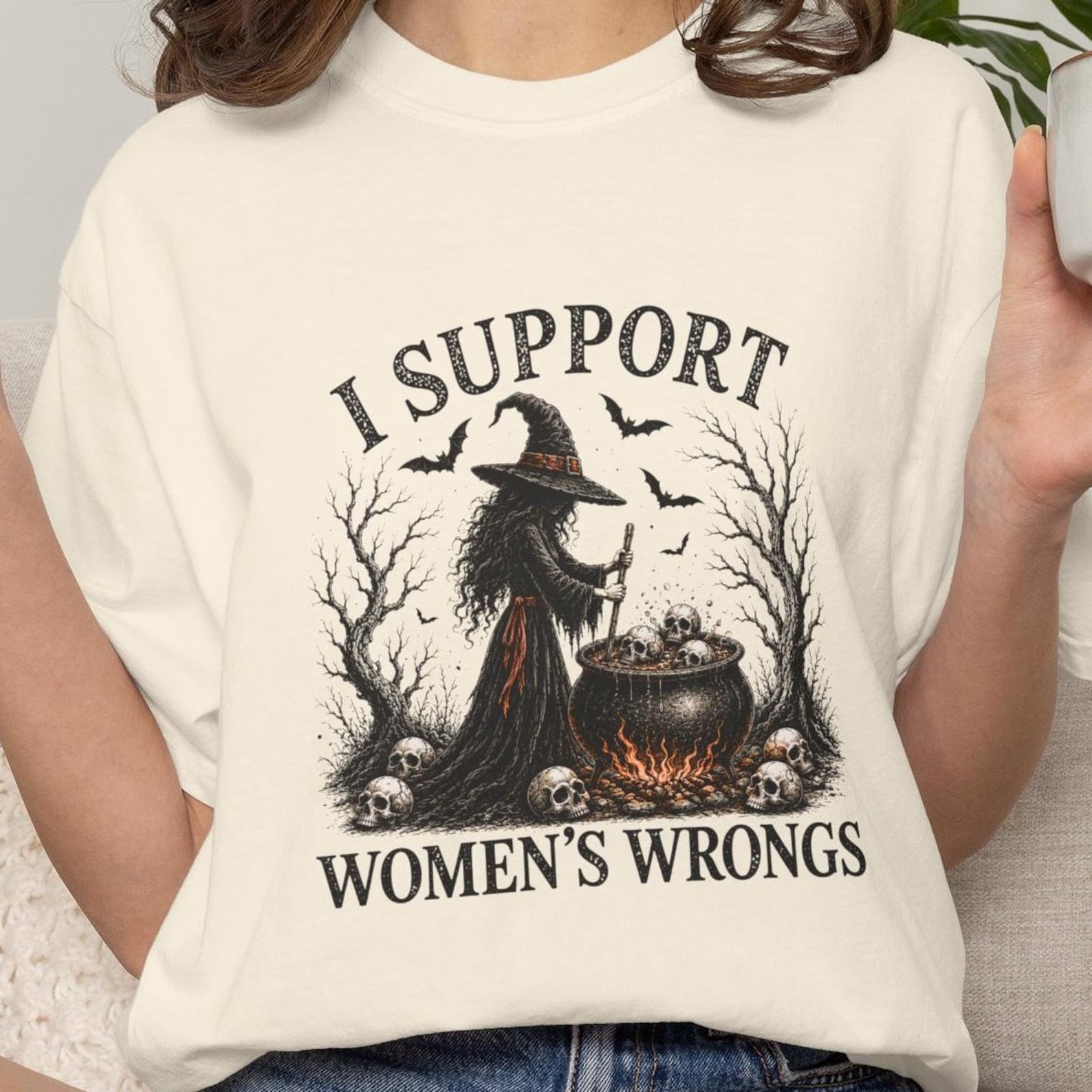 I Support Womens Wrongs Witch Shirt, Vintage Halloween Witch Tee, Feminist Witchy Graphic T-Shirt, Spooky Season Shirt, Gothic Witch S