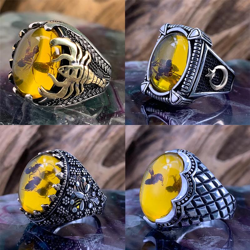 My Fine Jewelry Women's Yellow/Red Vintage Big Oval Natural Agate Stone Ring For Men Retro Inlaid Zircon Ant Ring For Wedding Band