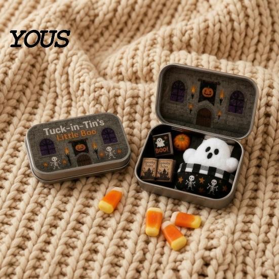 Kids Halloween Party Favor Mini Ghost Tin Box Set, Little Pocket Cute In A Box, Soft Plush Figurine Miniature Scene Spooky Desktop Decor, Gifts
