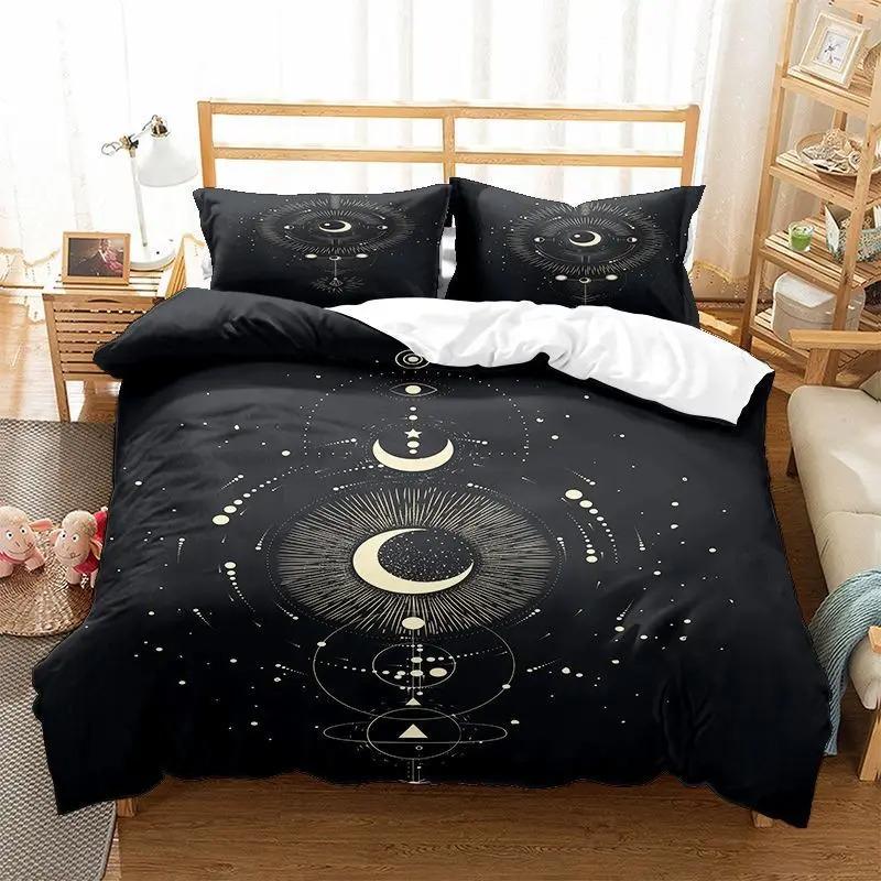 Sonne Mond Bettbezug KingQueen Größe, Galaxie Boho Exotisches Bettwäscheset Schwarz Gold Astrologie Himmlisch Polyester Steppdecke