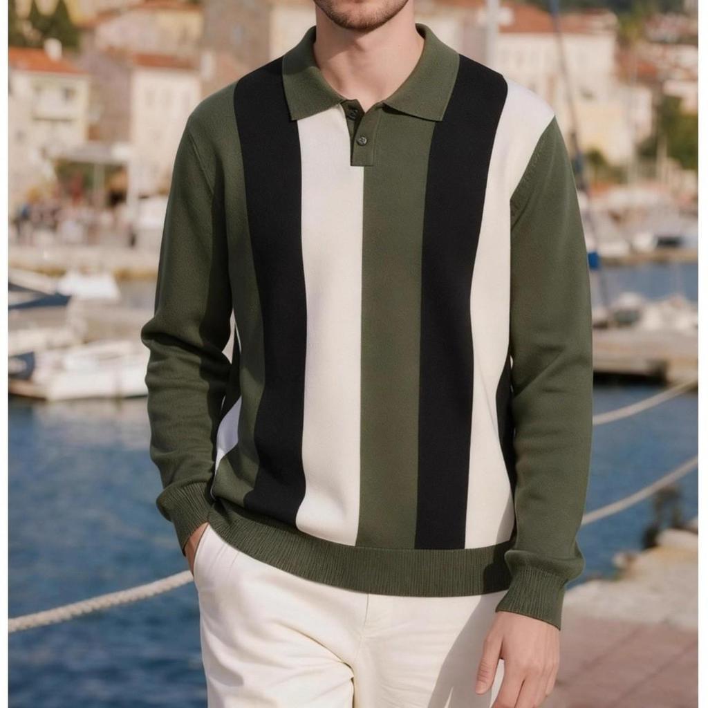 Men's Stylish Color Block Knit Polo Shirt - Hong Kong Style, Casual Autumn/Winter Wear