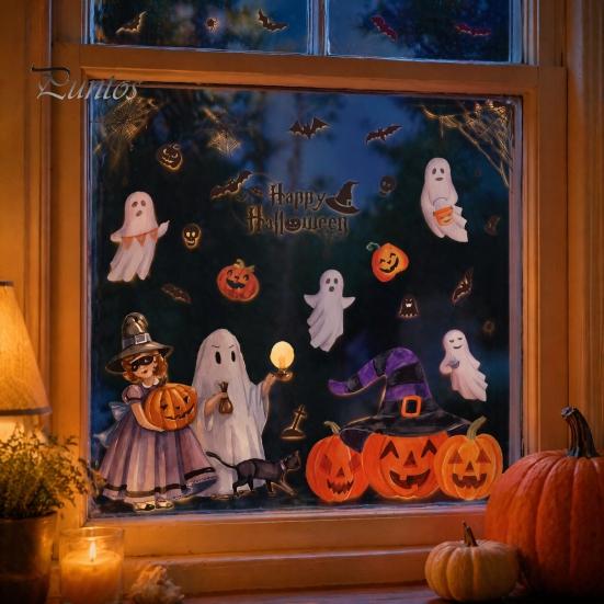Halloween Static Window Clings 2Pcs Watercolor Clings, Ghost Witch Pumpkin Black Cat Bat Decals, No-Glue Wall Stickers Removable Glass Stickers,