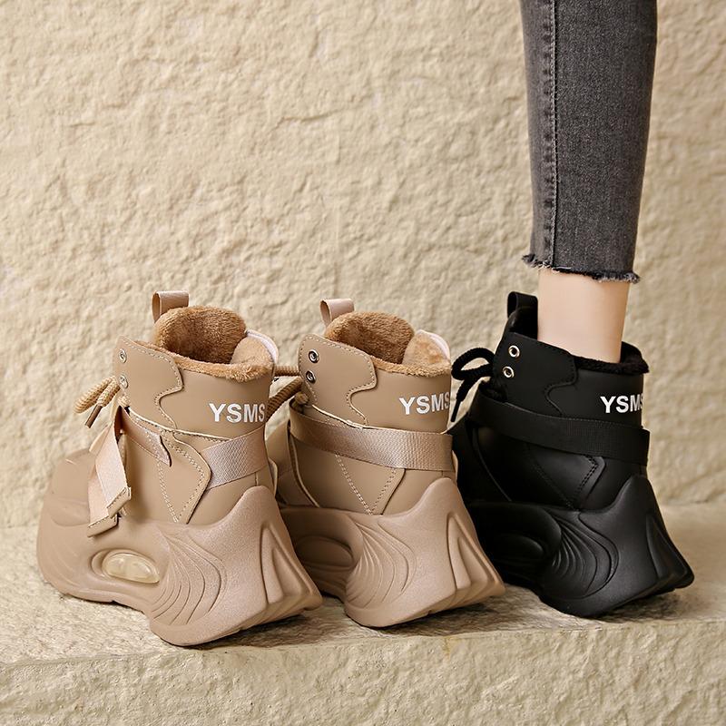 Fashion Chunky Platform Sneakers for Women 2024 New Winter Warm Fur Lace Up Vulcanized Shoes Woman 9.5CM High Heels Sports Leather Shoes
