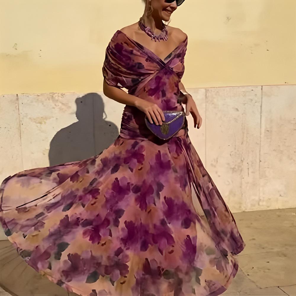 European and American cross-border 2025 summer new elegant chiffon floral dress dress sexy deep V dress shoulder skirt S