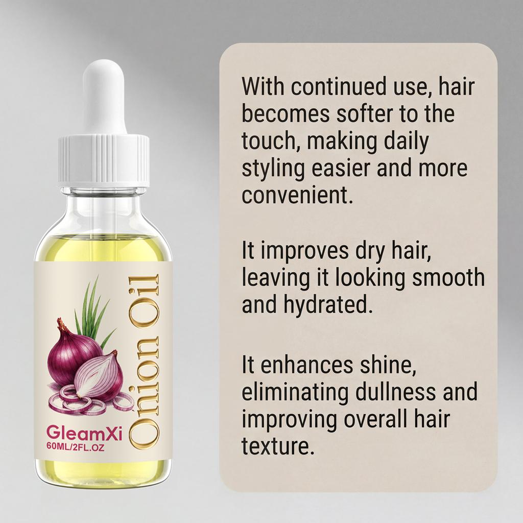 GleamXi Onion Hair Oil 60ml, Nourishing Conditioning Oil for Scalp & Dry Hair, Lightweight Serum, Moisturize Hair, Boost Shine for All Hair Types