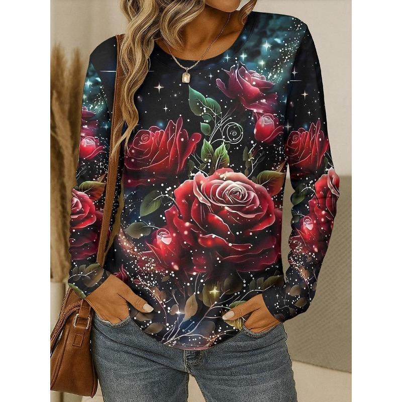 Women's Casual Long-sleeved Round Neck Top with Bright Underwater Reef and Dolphin Pattern - Medium Elastic, Machine Washable All Season Comfortable,