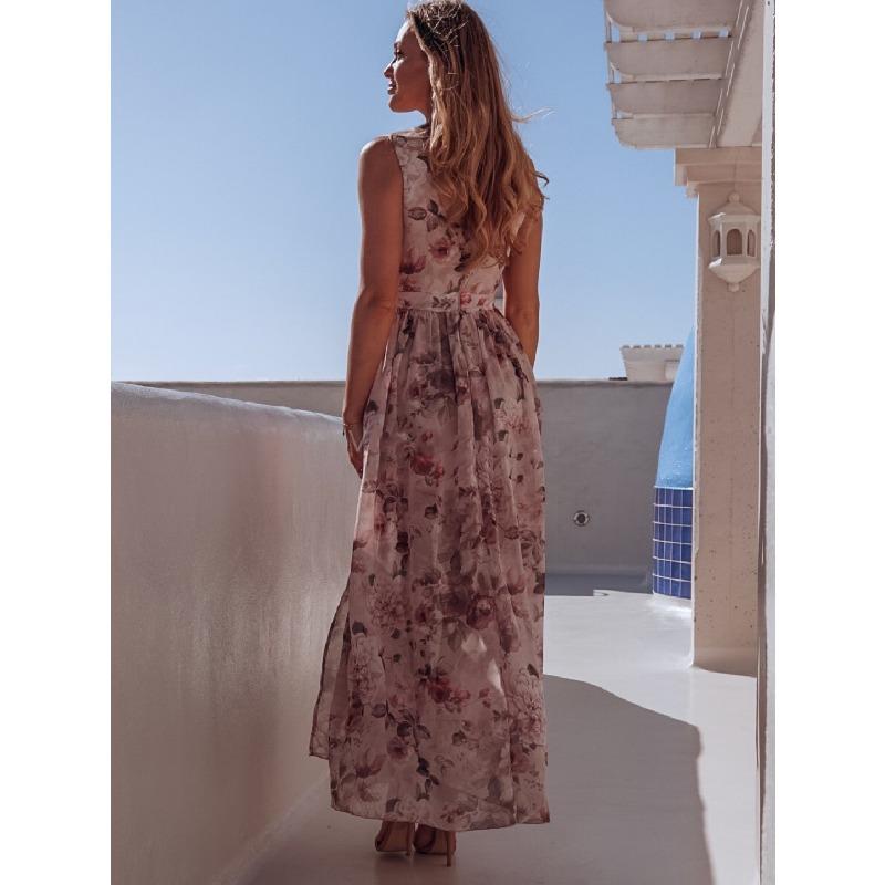 Fashion V Neck Sleeveless Floral Printed Chiffon A-line Dress Elegant Women Vacation Beach Casual Simple Split Party Long Dresses Female Clothing