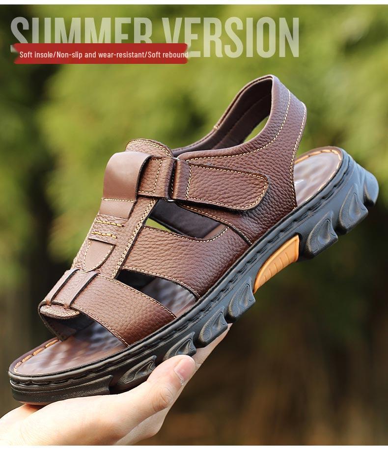 Men's Plus Size Cowhide Sandals: Breathable, Non-Slip, Waterproof Velcro Beach Shoes for Middle-Aged and Elderly.