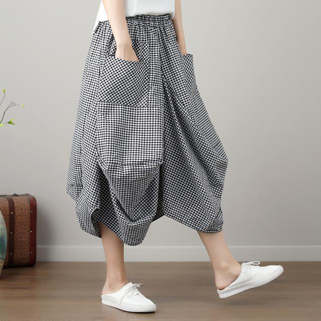 

Женская хлопковая льняная свободная юбка большого размера с эластичным поясом, летние нерегулярные карманы, клетчатые юбки-фонарики One Size