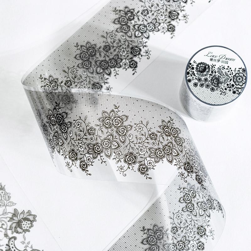 55mm*2m Black White Lace PET Tapes DIY Scrapbooking Junk Journal Aesthetics Decor Diary Collage Masking Tape Stationery Supplies