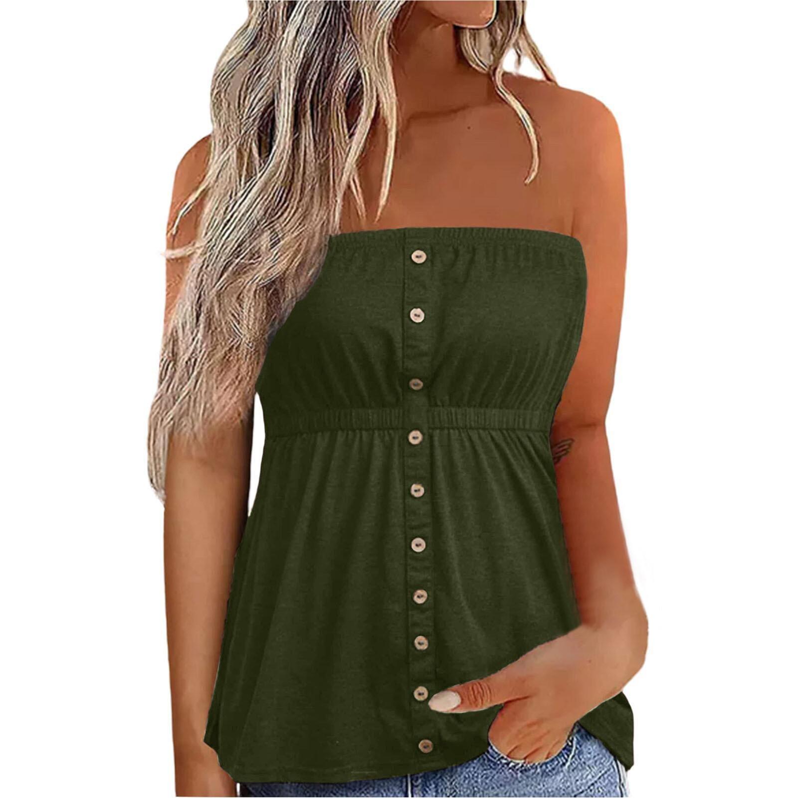 

Women s Solid Color Sexy Off-the-shoulder Slim-fit Pullover Sleeveless Button Decoration Top L