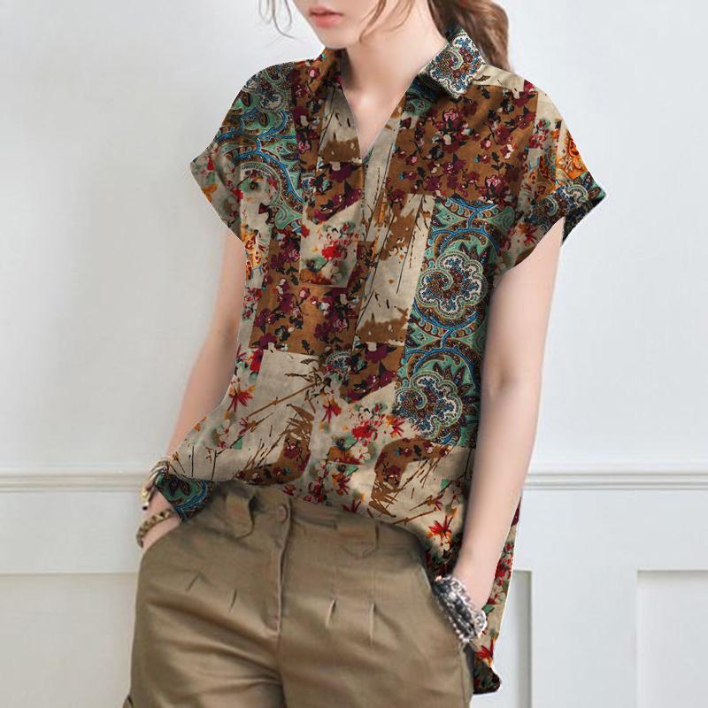Women Casual Turn Down Collar Short Sleeve Print Cotton Blouse