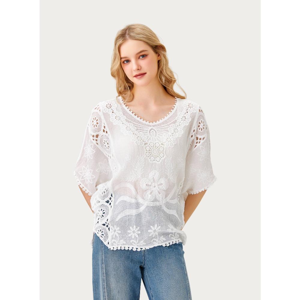 DIMANAF 2026 New Summer Basic Shirt Women Lace O-Neck Blouse Tops Tees Loose White Short Tees