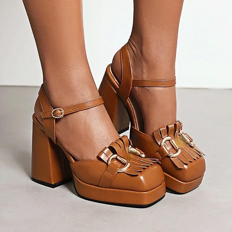 Luxury Designer Leather Women Sandals Metal Buckle Strap Chunky High Heels for Women Summer Ankle Strap Elegant Platform Sandals