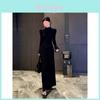 French Chic Black Long Sleeve Dress With Knit Fabric For Fall Fashion