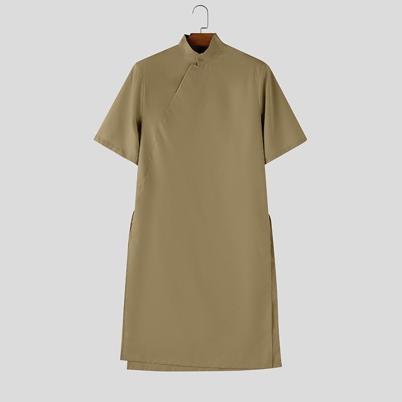INCERUN Summer Men Stand Neck Short Sleeve  Splits Casual Long T-shirts Tee