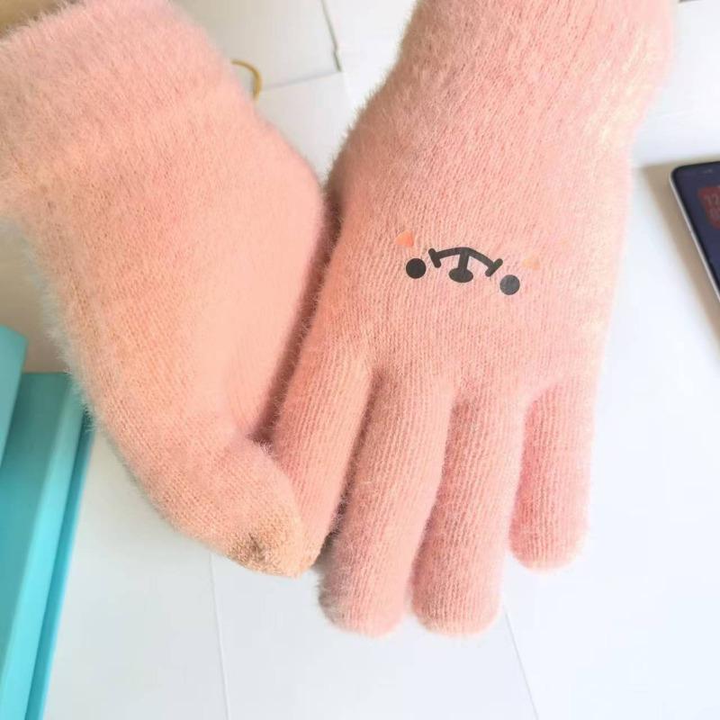 Winter velvet thickened student gloves women's winter cold protection and warmth cute smiley couple five-finger cotton gloves
