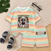 Boys Summer Striped Outfit Set Kids Cartoon Animal Print Short Sleeve T-shirt and Shorts for Play Outdoor