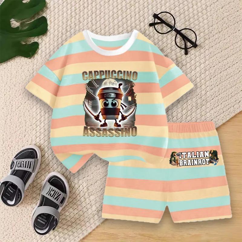 Boys Summer Striped Outfit Set Kids Cartoon Animal Print Short Sleeve T-shirt and Shorts for Play Outdoor