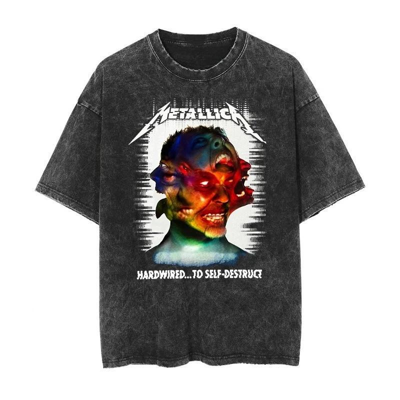 

Best Metallica Rock Punk Vintage Washed T-shirt 2026 Men s and Women s American Retro Washed High-end Luxury Y2k Top L