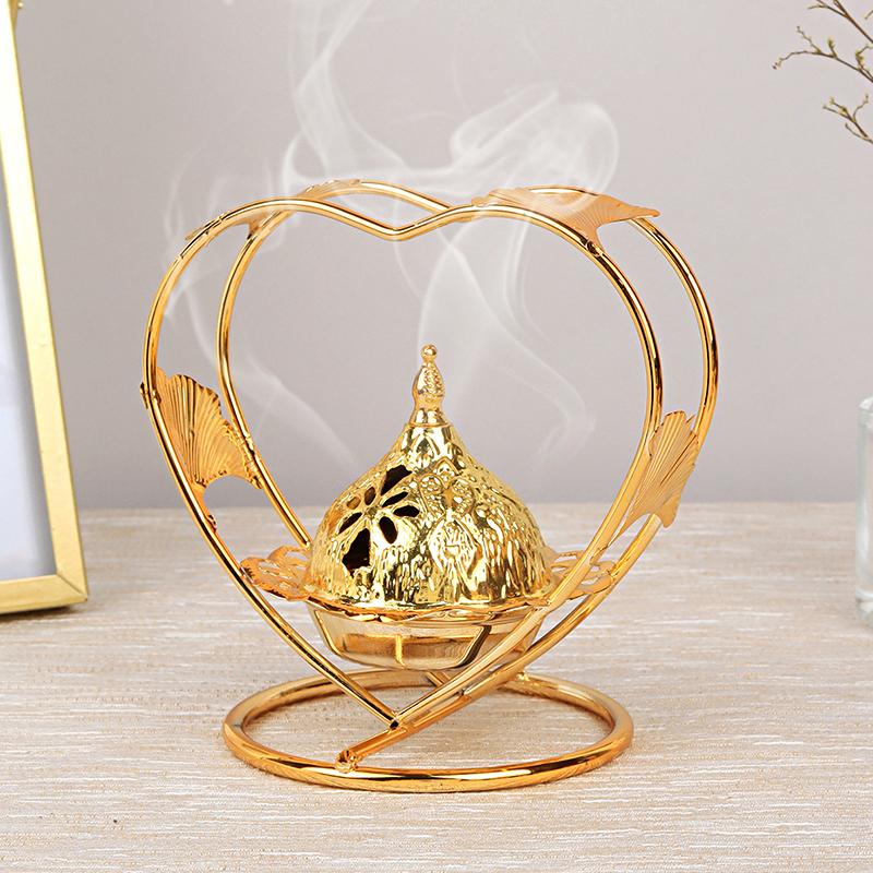 

1Pc Incense Burner Creative Electroplating Process Incense Burner Home Decoration Metal Gold Air Purification Heart Shaped Love Aromatherapy Stove