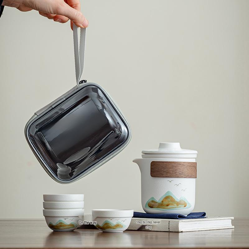 Portable Ceramic Tea Set: One Pot, Four Cups - Ideal for Camping and Solo Quick-Brew