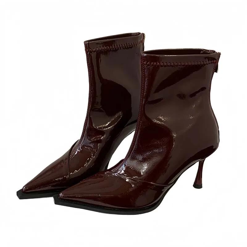 Sharp Pointed Toe High Heel Short Boots Women's Glossy Smooth Leather Thin Heel Fashionable Slim Boot Feel Booties Autumn Winter