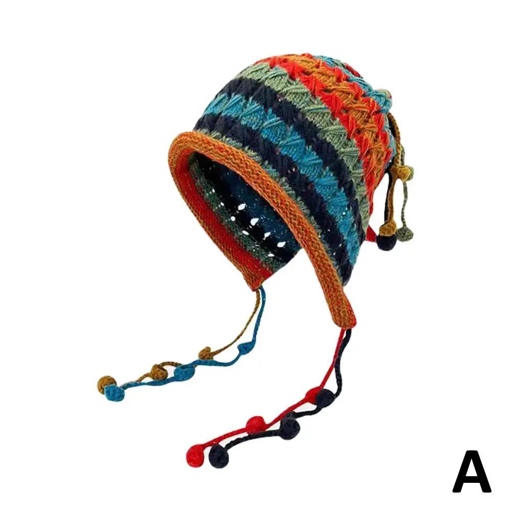 Colorful Rainbow Striped Knit Wool Beanie Hat For Women Winter Warm Crochet Ear Protection Cap Female Girl Snow Windproof Bonnet