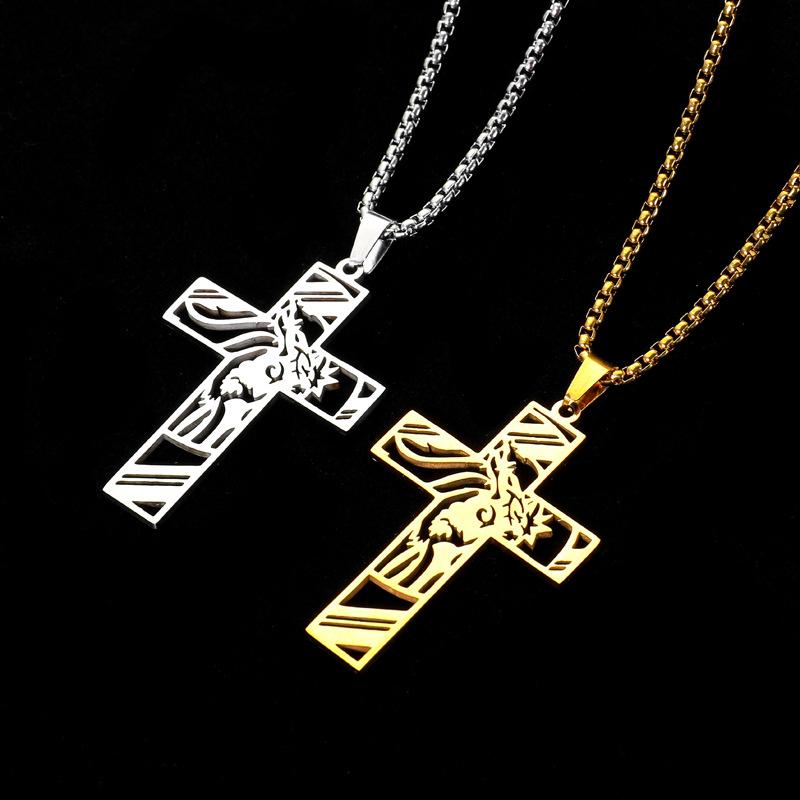 Hip Hop Punk Crown of Thorns Jesus Cross Necklace for Men Stainless Steel Gold Plated Crucifix Pendant Necklaces Jewelry