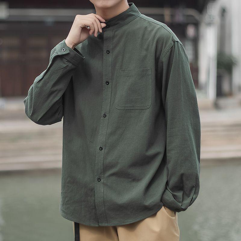 Spring Autumn Long Sleeve Shirt Man Stand Collar Solid Color Single Breasted Loose Casual Coat Korean Style Fashion Tops