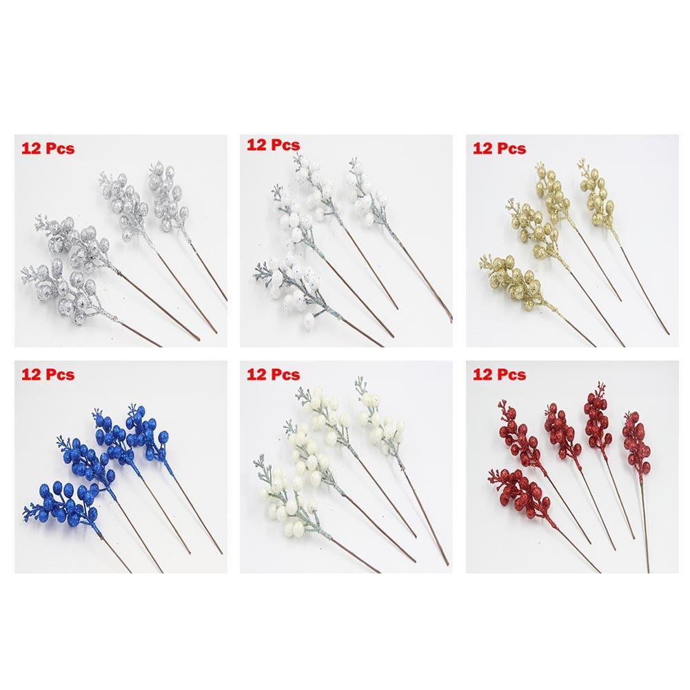 12pcs Artificial Christmas Glitter Berries Stems Xmas Tree Wreath DIY Decor
