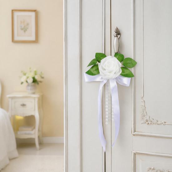 Wiederverwendbare Hochzeitsauto-Dekorationen Künstliche Weiße Rosen-Dekoration, Türgriff & Rückspiegel Blumenstrauß Märchen-Dekor mit Satinband-Schleife