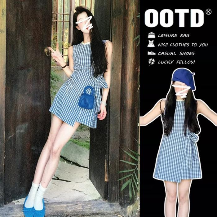 French blue and white plaid lace-up vest dress women s summer new temperament casual versatile sleeveless short skirt S