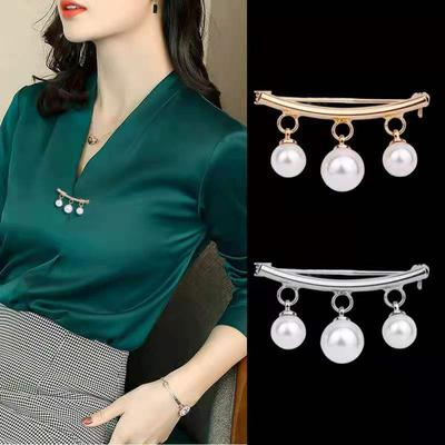 Fashion Pearl Fixed Strap Charm Safety Pin Brooch Sweater Cardigan Clip Chain