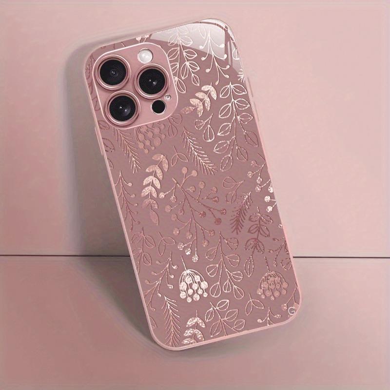 Kreatives Rosa Blumenpflanzen Muster Metallische Farbe Glas Handyhülle Für iPhone 11 12 13 14 15 16 17 Pro Max Plus 16E 17Air Hülle