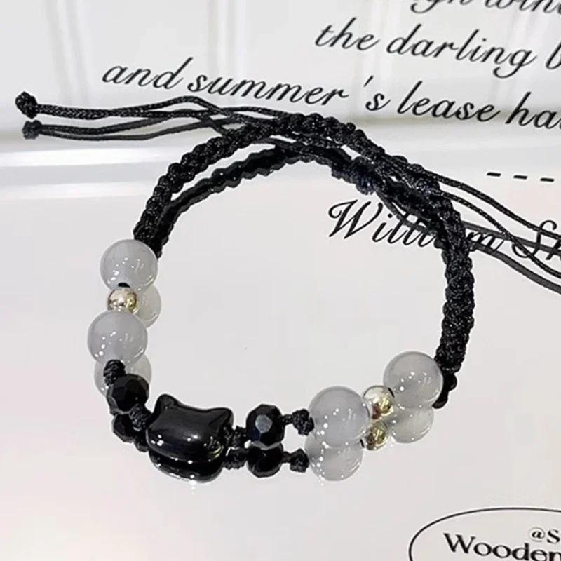 New 2pcs Natural Moonstone Obsidian Rabbit Cat Couple Bracelets for Women Men Charm Cats Bracelets Fashion Jewelry Friends Gifts