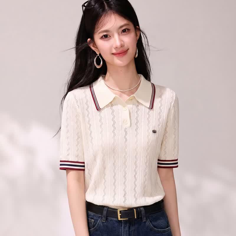 Hollow-out Polo Knit Short Sleeve Top with Contrast Stripe Collar