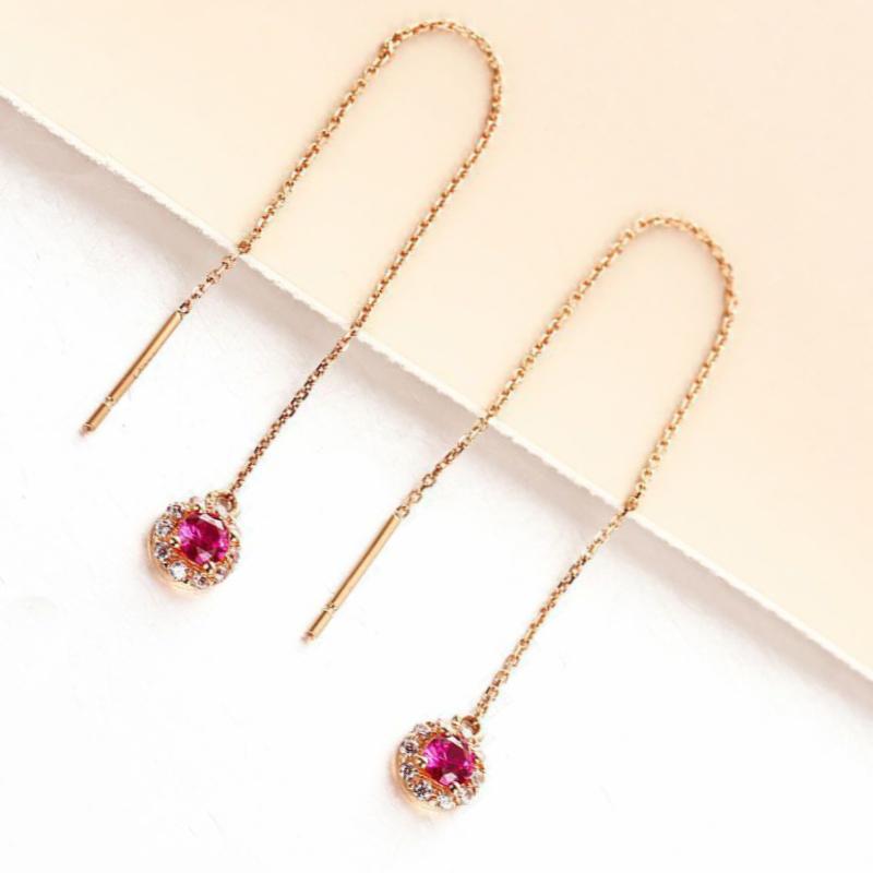 Light Luxury Sweet 585 Purple Gold Earrings for Women Plated 14K Rose Gold Red Gem Long Chain Earings Exquisite Fine Jewelry
