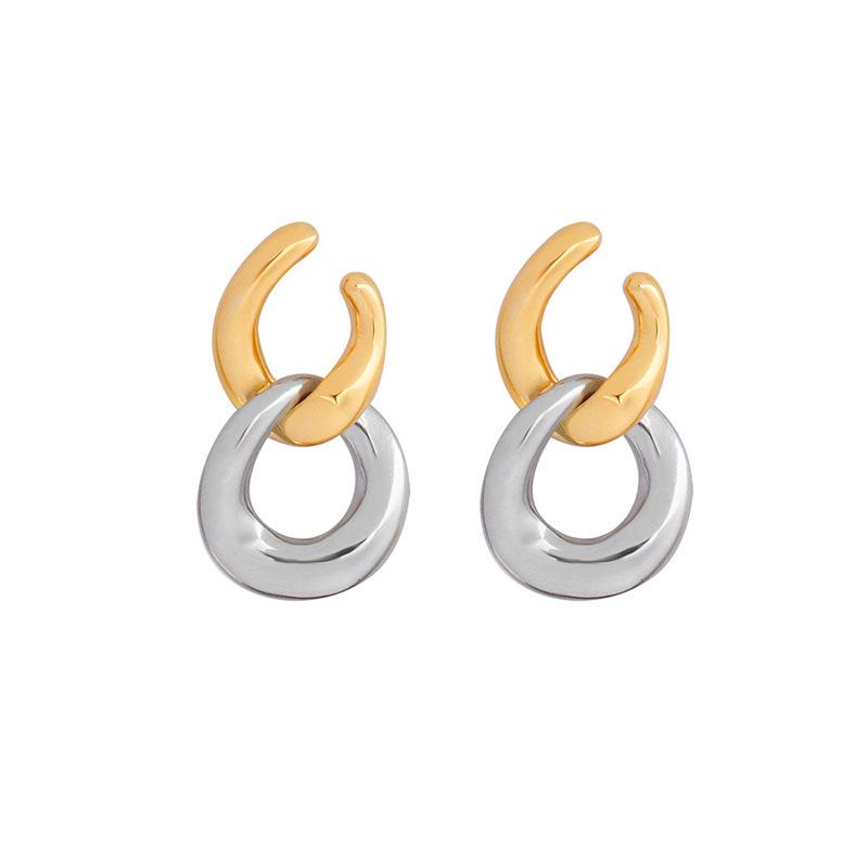 French-Inspired Trendy Double Ring Detachable Titanium Steel Stud Earrings, 18K Gold-Plated Jewelry F539.