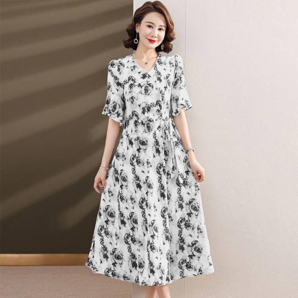 Elegant V-Neck Folds Drawstring Dresses Summer Rose Printed Women's A-Line Waist Korean Asymmetrical Long Dress