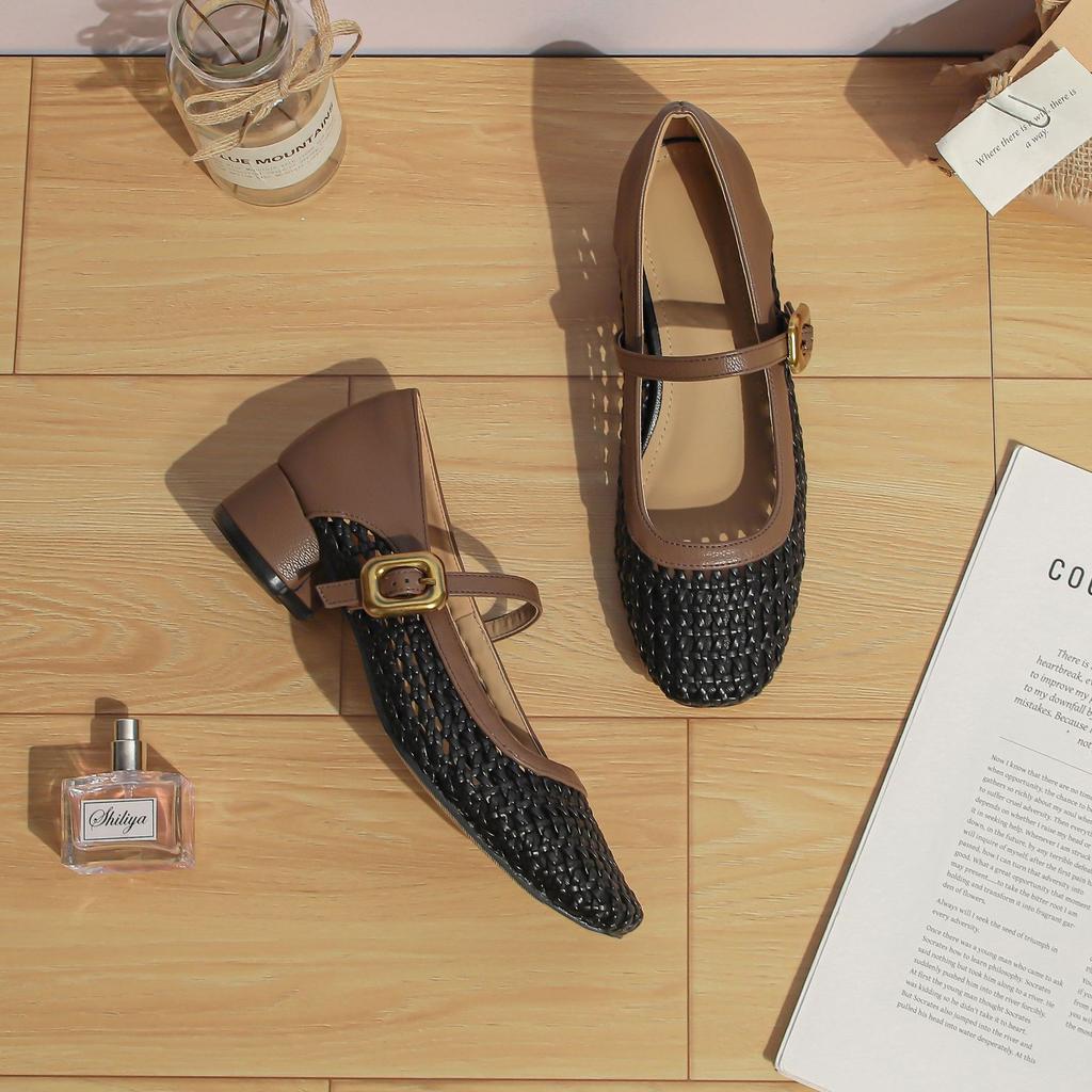 Autumn new Xiaoxiangfeng woven mesh breathable single shoes femininity high heels women are not tired feet Mary Jane shoes