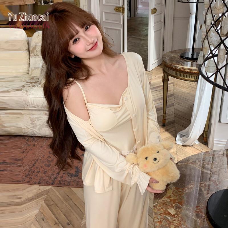 YUZHAOLIN Women s French Lace Three-Piece Pajama Set M