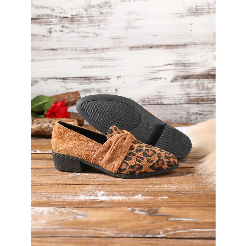 Women's Leopard Print Pointed Toe Chunky Heel Loafers, Slip-On Casual Flats, Plus Size Shoes