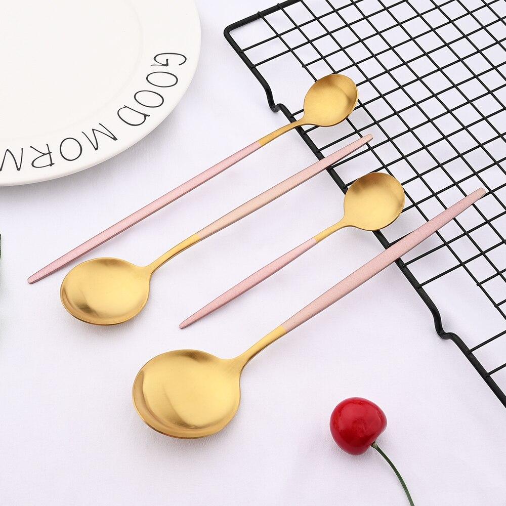 Pink Gold Stainless Steel Cutlery Set Flatware Dinner Knife Dessert Spoon Fruit Fork Dinnerware Set Matte Kitchen Tableware Set