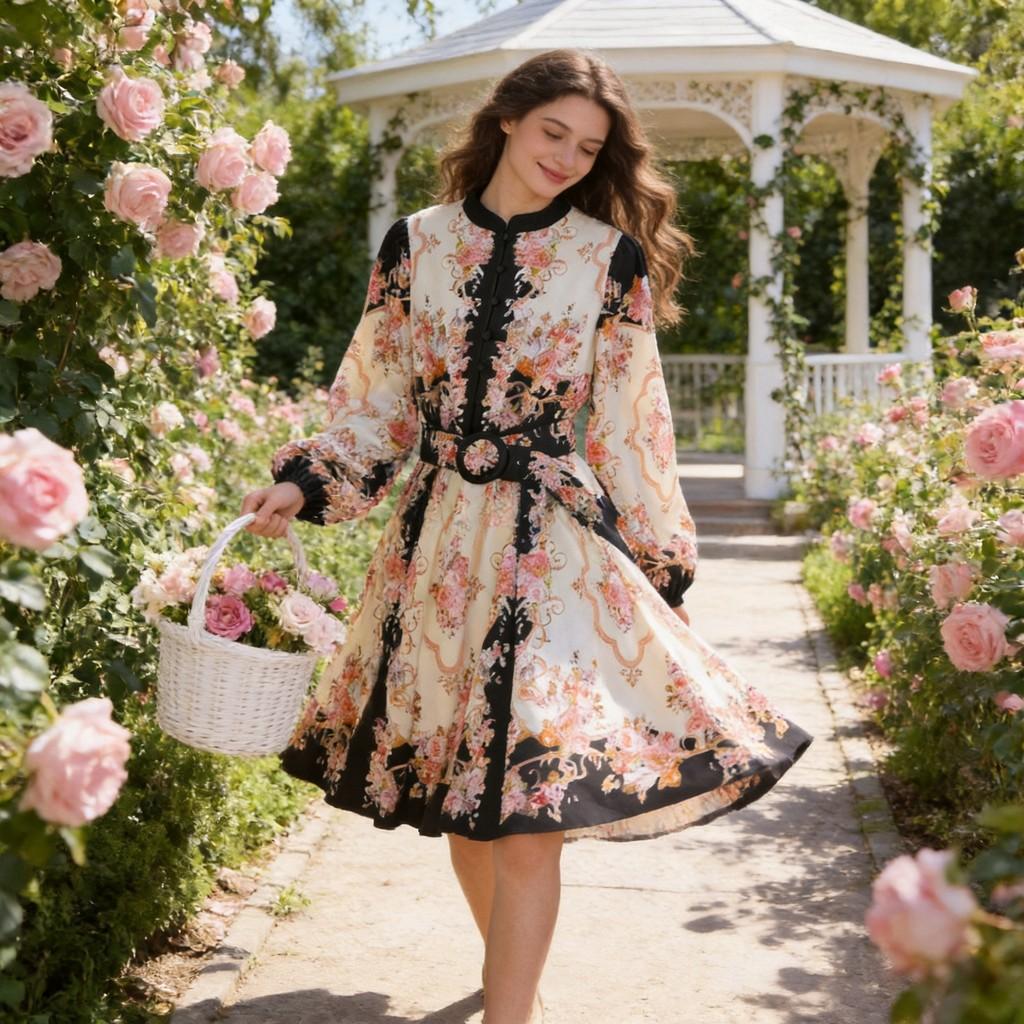 Bohemian Floral Dress With 3d Pattern And Lantern Sleeves For Casual And Beach Wear