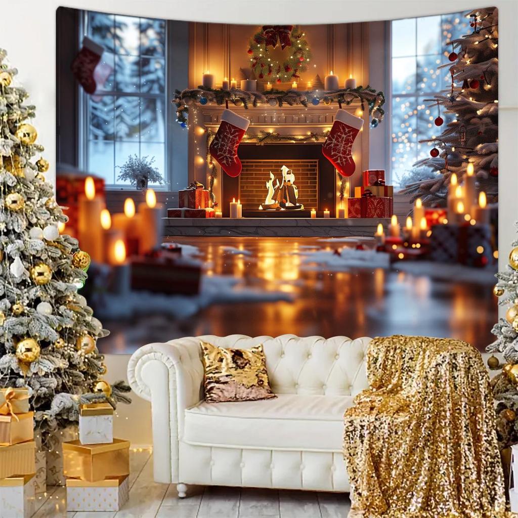 Vintage Christmas Fireplace Tapestry: Holiday Tree Photo Background Hanging Cloth