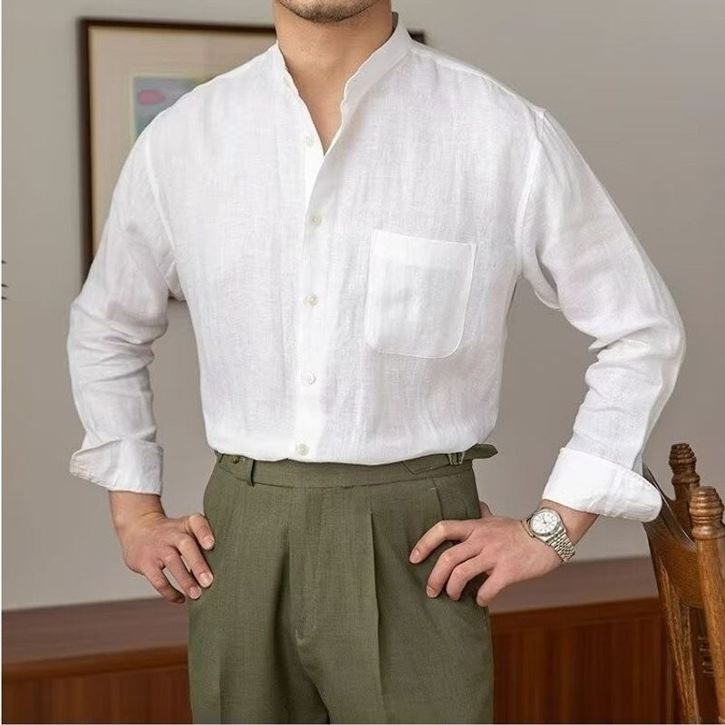 Commuter Young Casual Breathable Pure Linen Long sleeve Shirts All-Match Vacation Stand Collar Shirt Men's Henry Collar Top