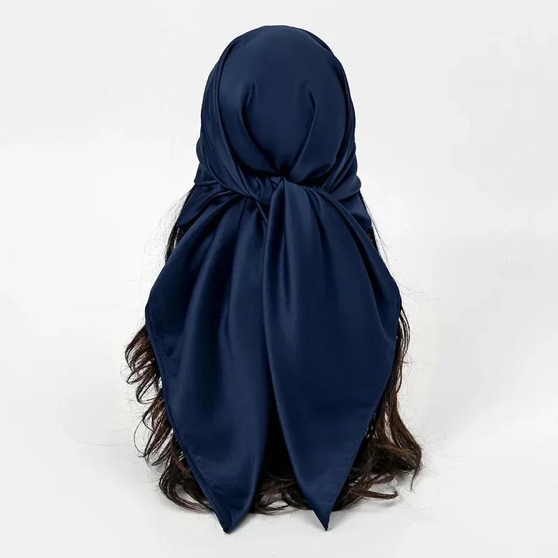 90X90 Satin Silk Scarf Hijab Solid Women Shiny Square Wrap Shawl Head Neck Cover Plain Hair Tie Band Beach Hijab Female Foulard