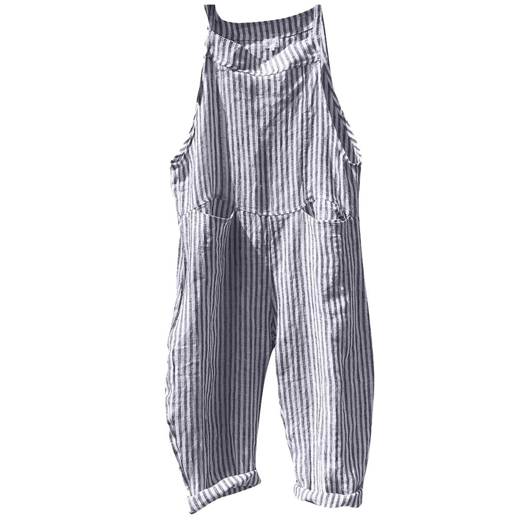 Women's Casual Fashion Pocket Tie Sleeveless Striped Jumpsuit