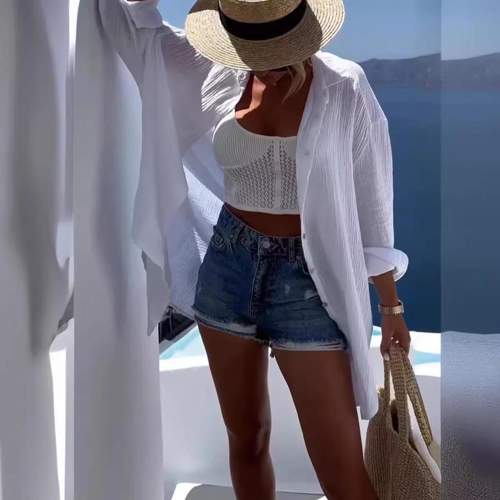 2024 Spring/Summer Women's Cotton Linen Turn-down Collar Long Sleeve Casual Shirt